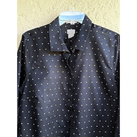 Chicos Tops - Chico's Black w/ Heart Polka Dots Button Shirt Sz 2 (L/12) No Iron Cotton Womans